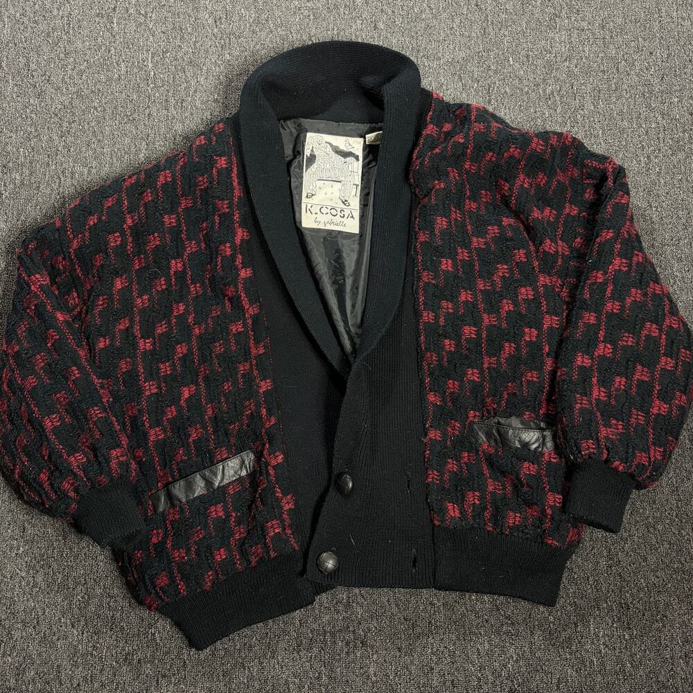 Vintage Y2k Red Black Houndstooth Woven Knit Geometric Sweater Jacket Medium